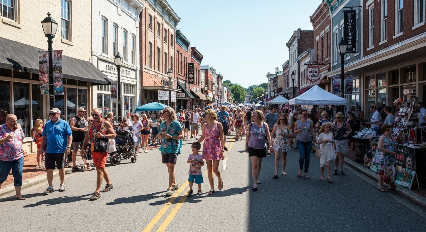 Crowds filling closed-off Main Street in downtown Hendersonville during a late-summer apple harvest street festival.