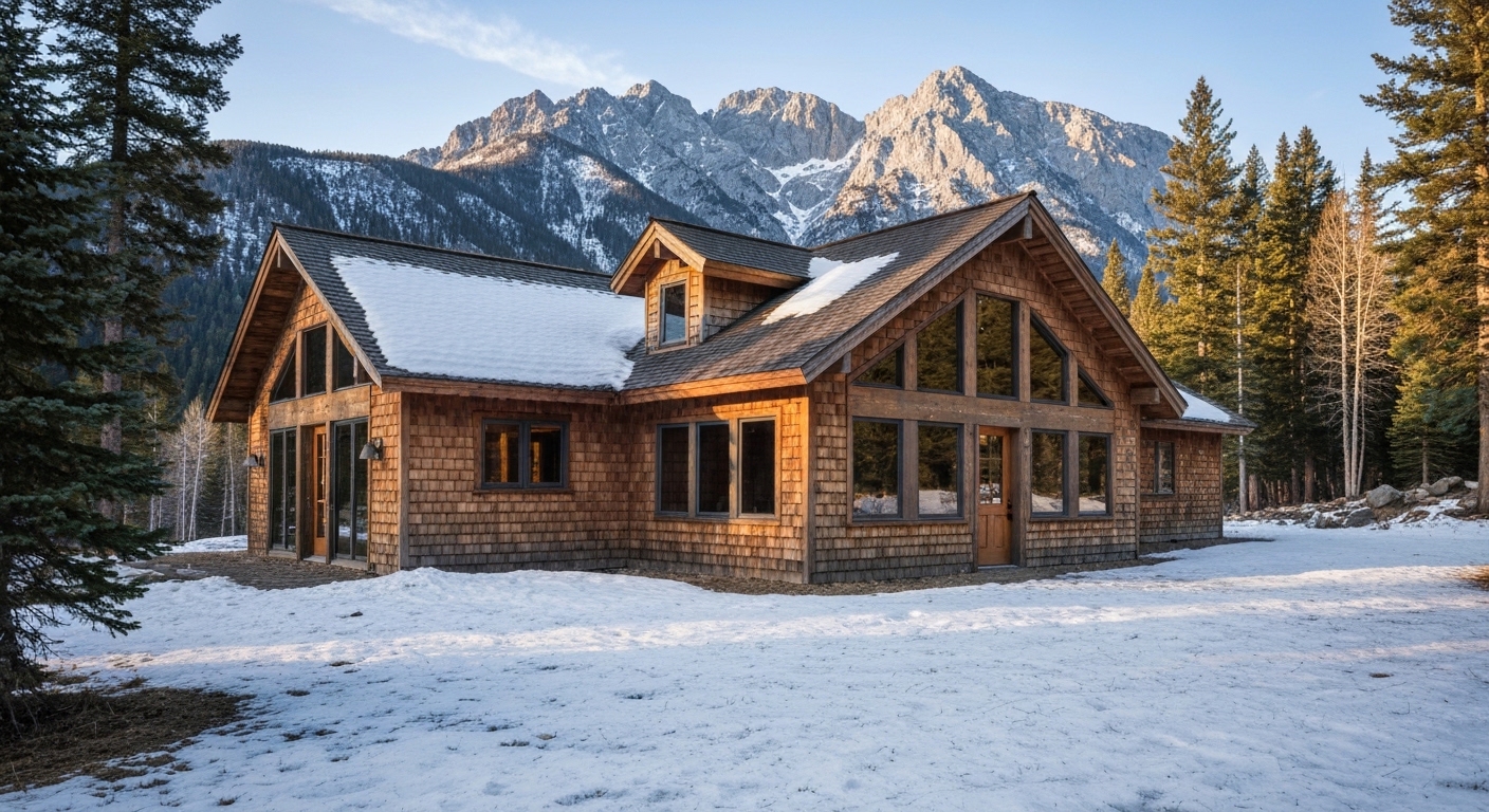Low horizontal mountain lodge clad in cedar shakes and native stone tucked into a forested Highlands ridgeline.