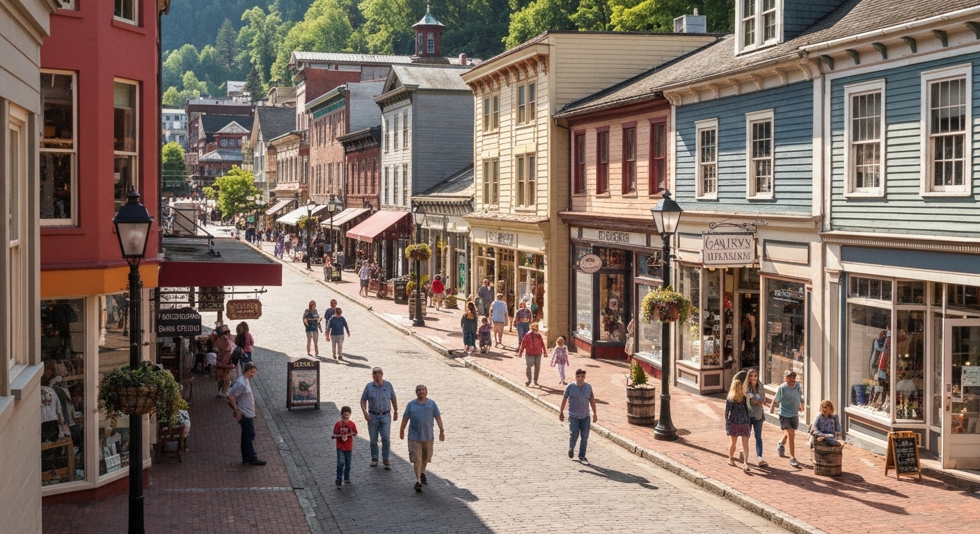 Storefronts and sidewalks along Main Street in downtown Highlands, North Carolina on a clear autumn afternoon.