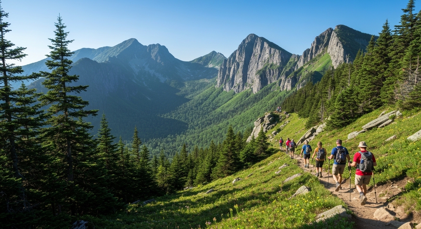 Hikers on the Whiteside Mountain trail overlooking steep cliffs and forested valleys near Highlands, North Carolina.