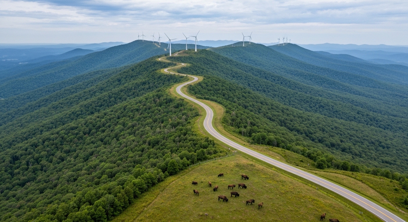 Layered blue ridgelines and forest canopy seen from a high overlook near Highlands in Macon County, North Carolina.