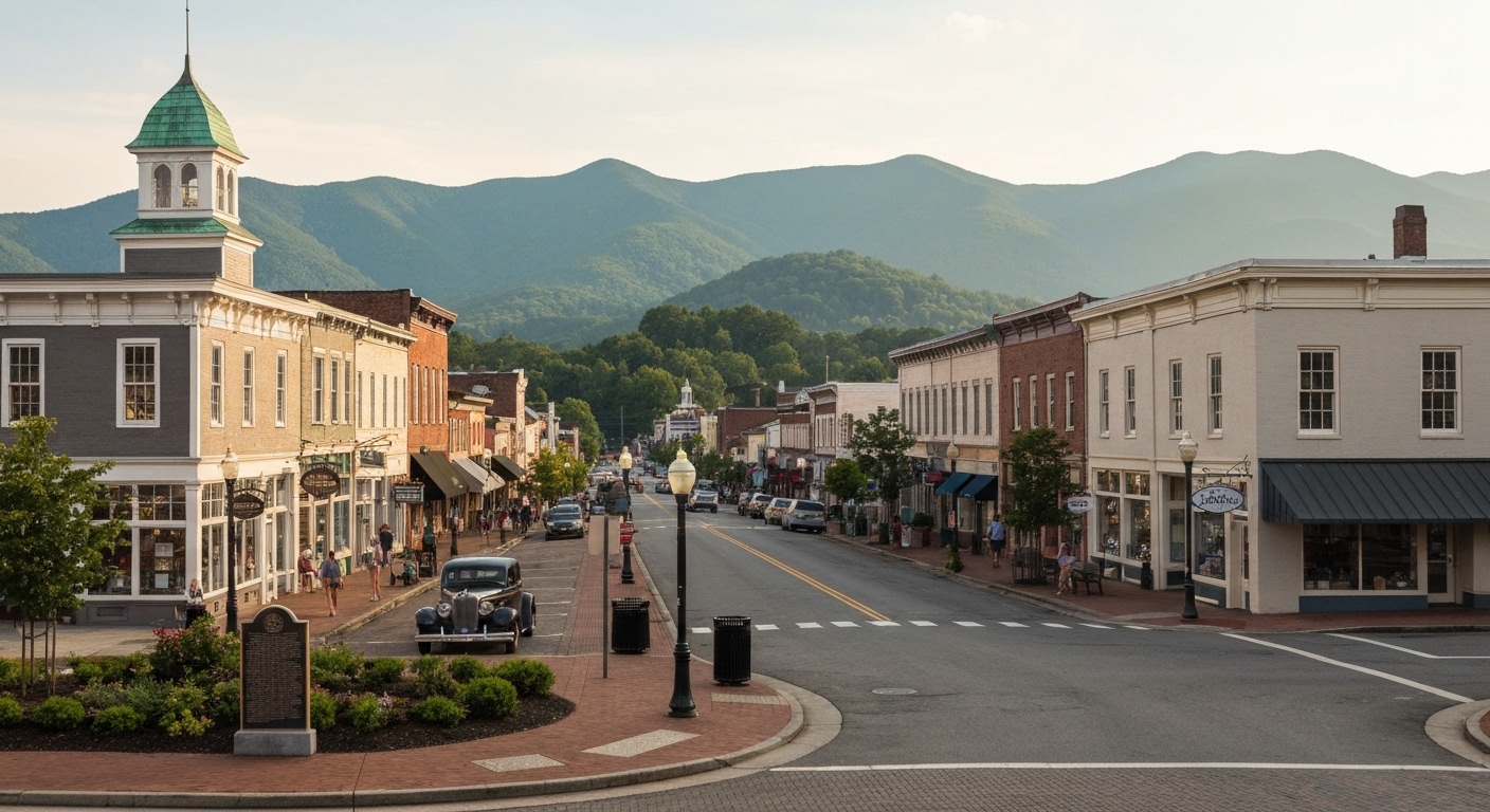 Morning light over the rooftops and ridgelines of Franklin, North Carolina, in the Nantahala mountains.