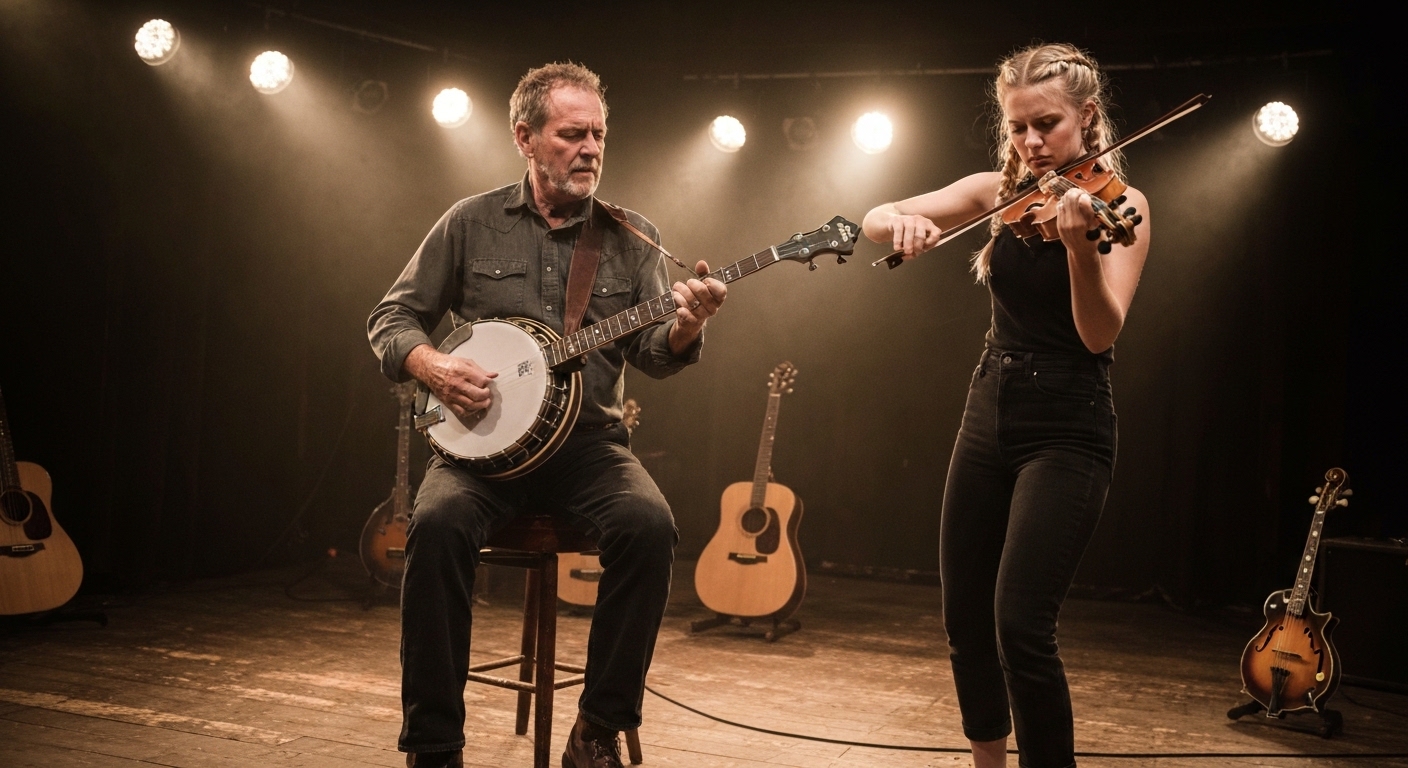 A bluegrass band performing on an intimate auditorium stage, the kind of acoustic show featured at Stecoah Valley Center.