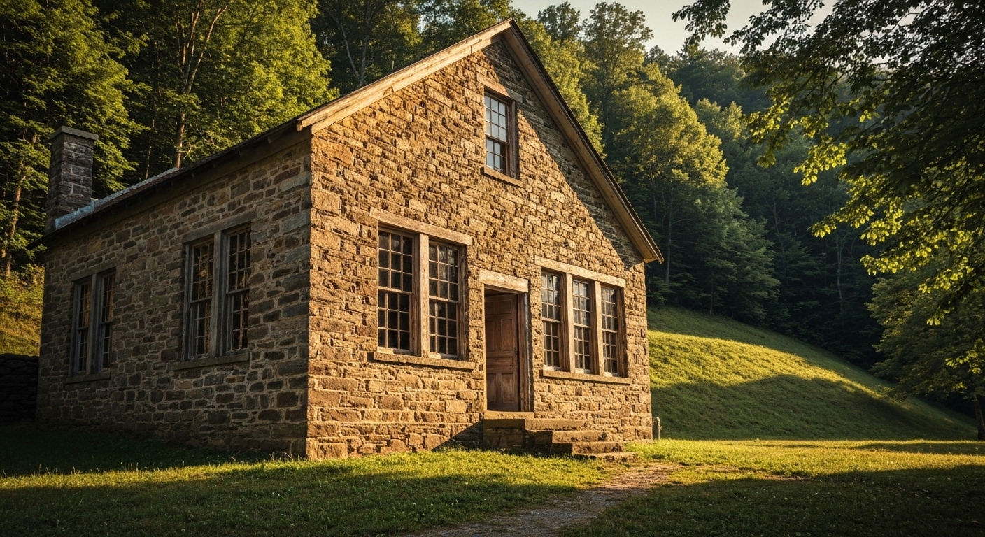 The restored native-stone Stecoah schoolhouse, built in 1926, now home to the Stecoah Valley Cultural Arts Center in Graham County.