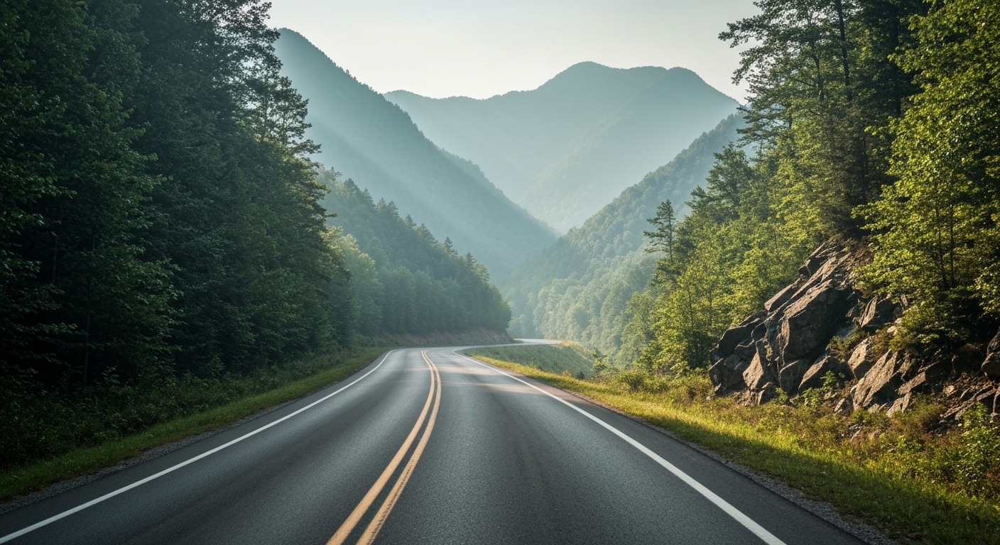 A narrow mountain back road winding through forested hills near Robbinsville in the Smokies of Graham County, North Carolina.
