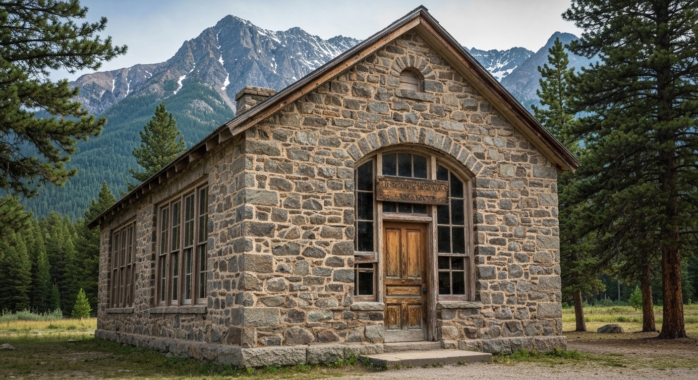 The 1926 native-rock Stecoah schoolhouse that now houses the Stecoah Valley Cultural Arts Center near Robbinsville, North Carolina.