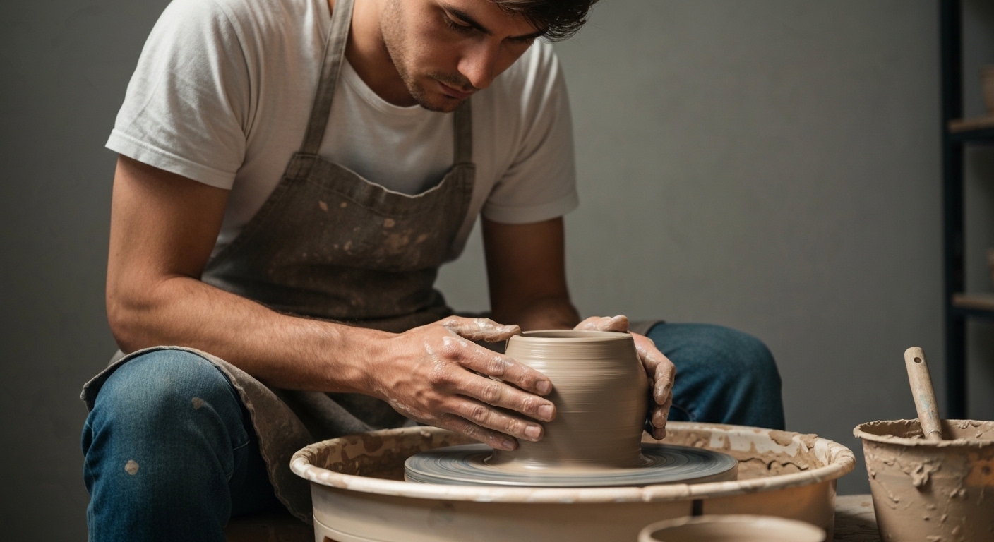 A potter shaping clay at the wheel inside a rural home studio in the mountains of Graham County, North Carolina.