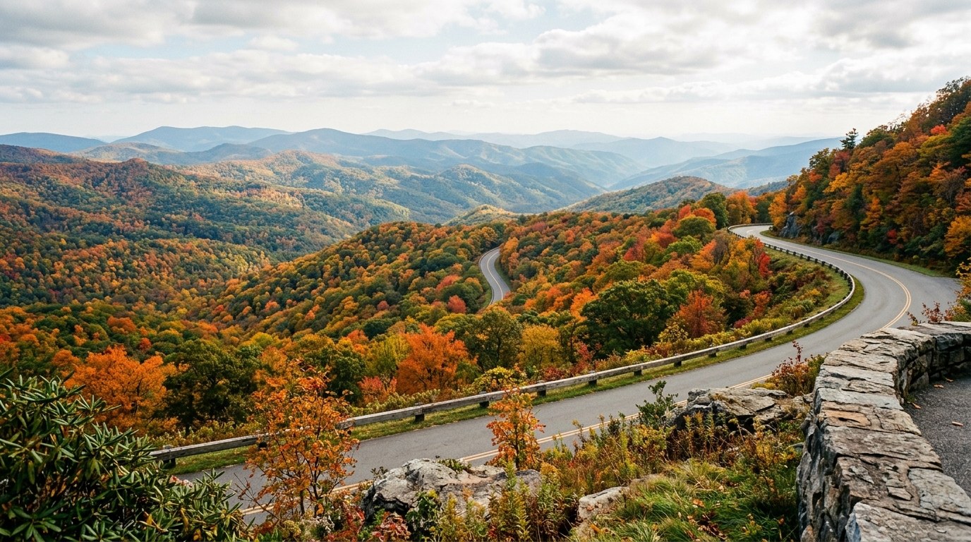 Layered Blue Ridge Mountain ridgelines near Spruce Pine in Mitchell County, North Carolina.