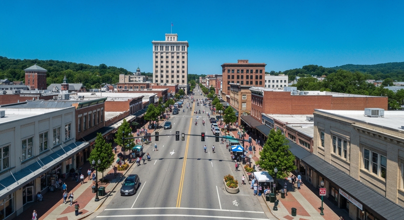 Pedestrians walking the compact, walkable Main Street of downtown Sylva, North Carolina, beneath the hillside courthouse.