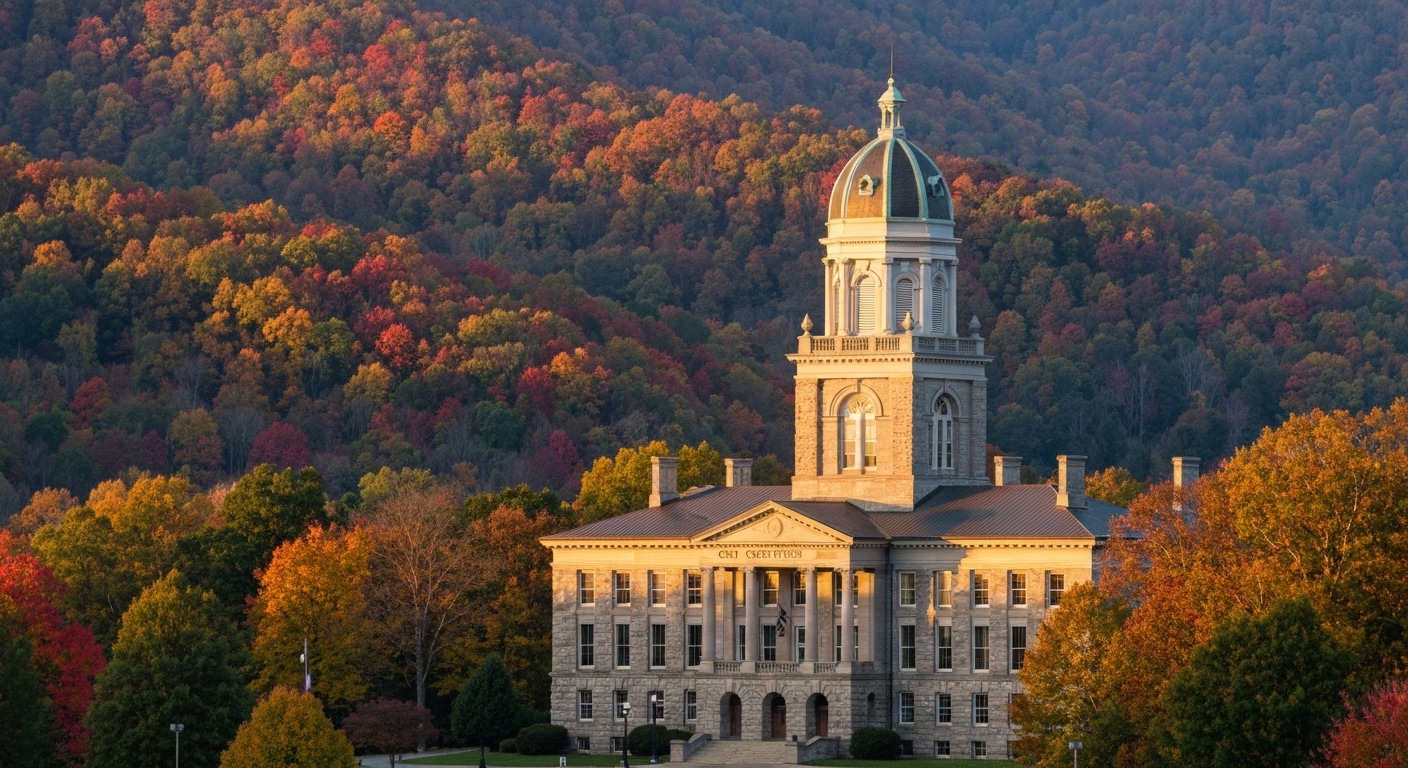 The historic Jackson County Courthouse standing atop its hill above Main Street in Sylva, North Carolina, framed by Blue Ridge ridgelines.