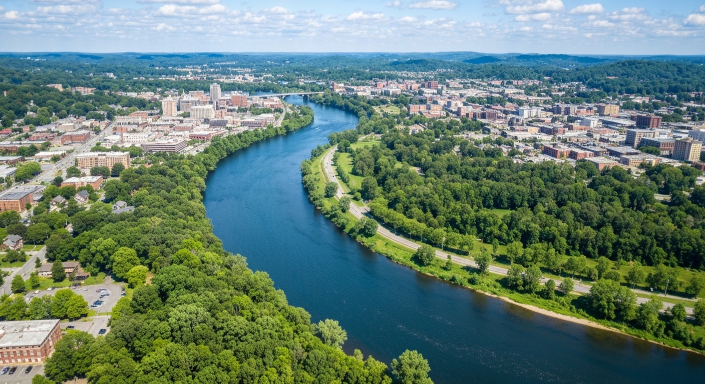 The French Broad River flowing past riverfront parkland near Carrier Park in west Asheville on a clear day.