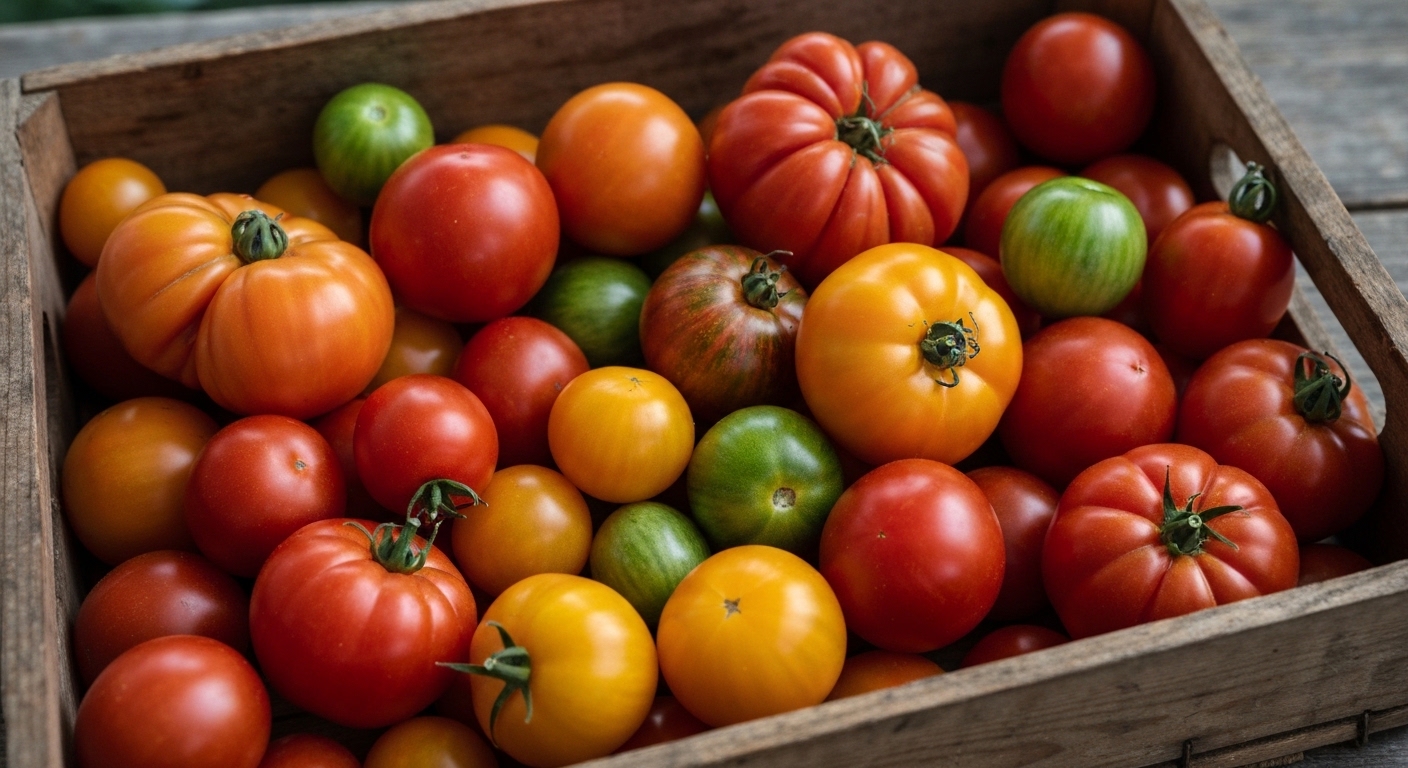 Colorful ripe heirloom tomatoes in pink, red and orange piled in a rustic crate at a Western North Carolina farmers market.