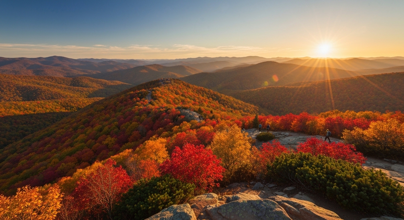 A layered Blue Ridge Mountains overlook near Highlands and Franklin glowing under warm autumn light in Western North Carolina.