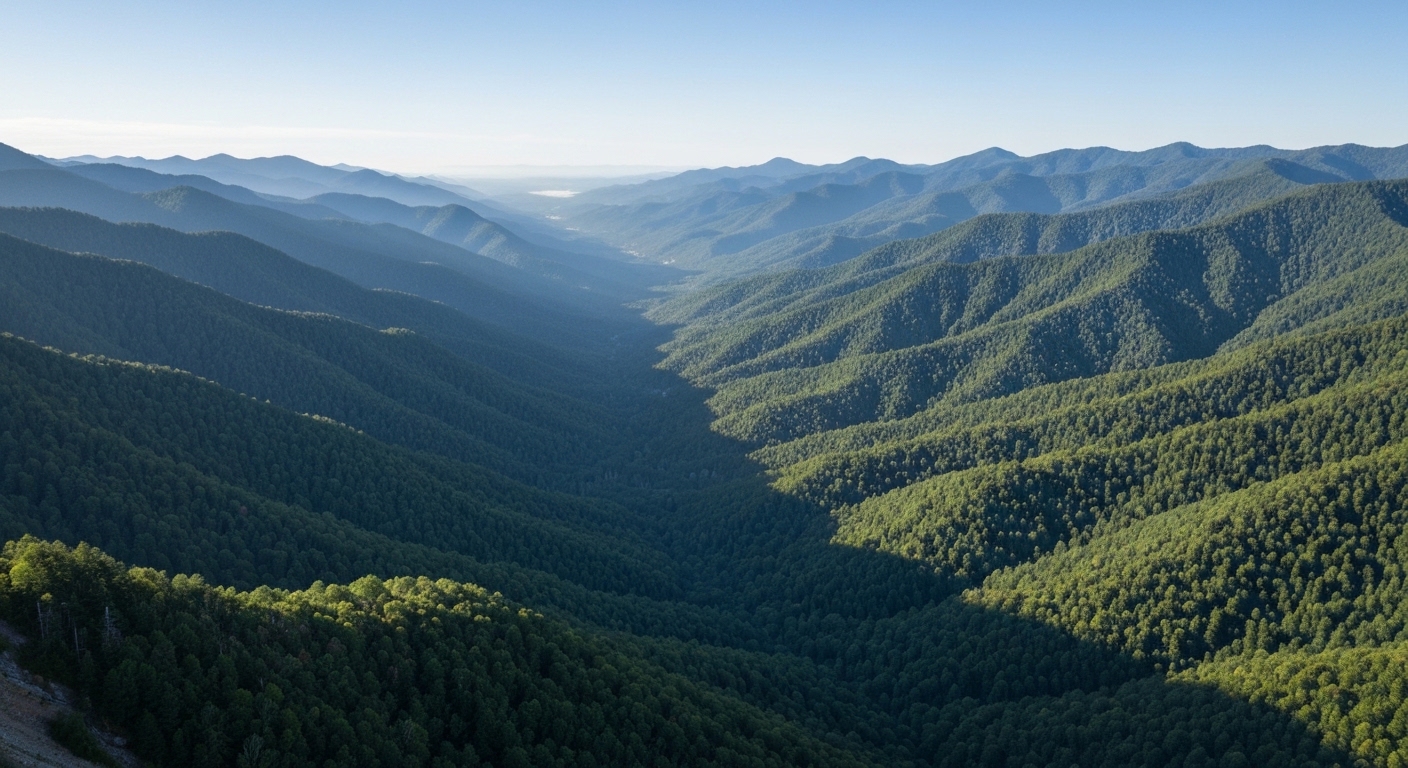 Morning fog settling over the layered blue ridges of the Great Smoky Mountains near the North Carolina line.