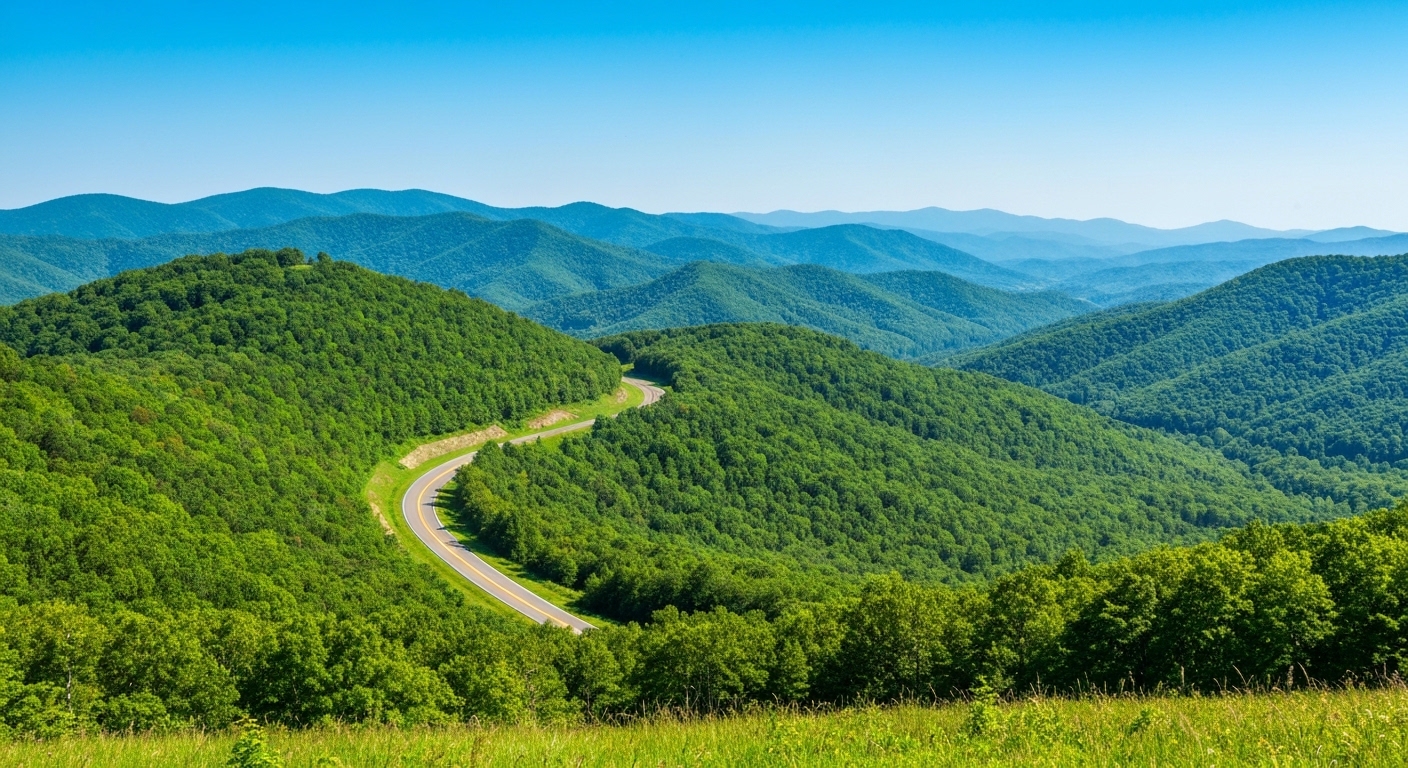 A summer overlook along the Blue Ridge Parkway, with layered green ridgelines stretching to the horizon.
