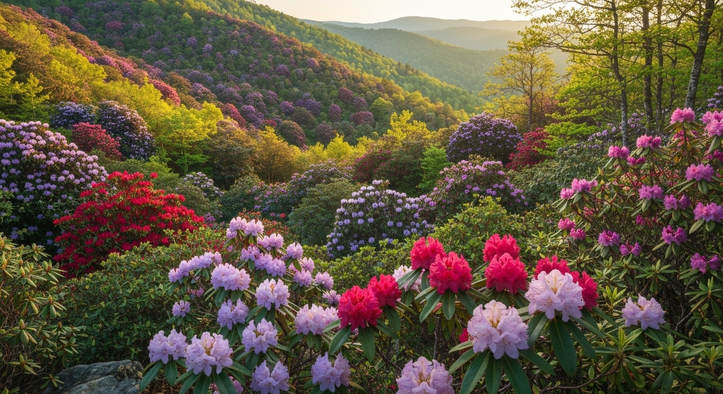 Rhododendron in full bloom on Roan Mountain near Bakersville, one of the signature sights of June in the mountains.