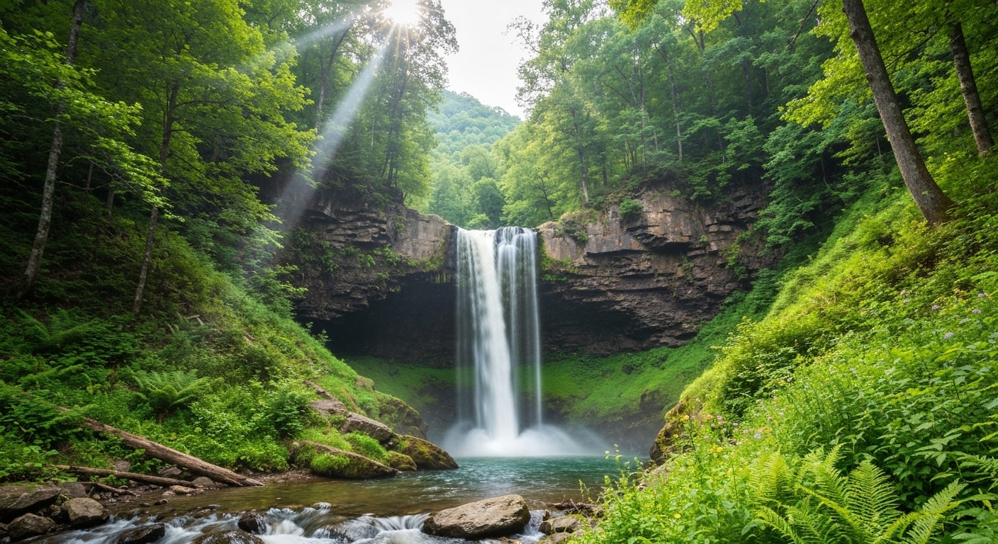 A summer waterfall surrounded by green forest in the Western North Carolina mountains.
