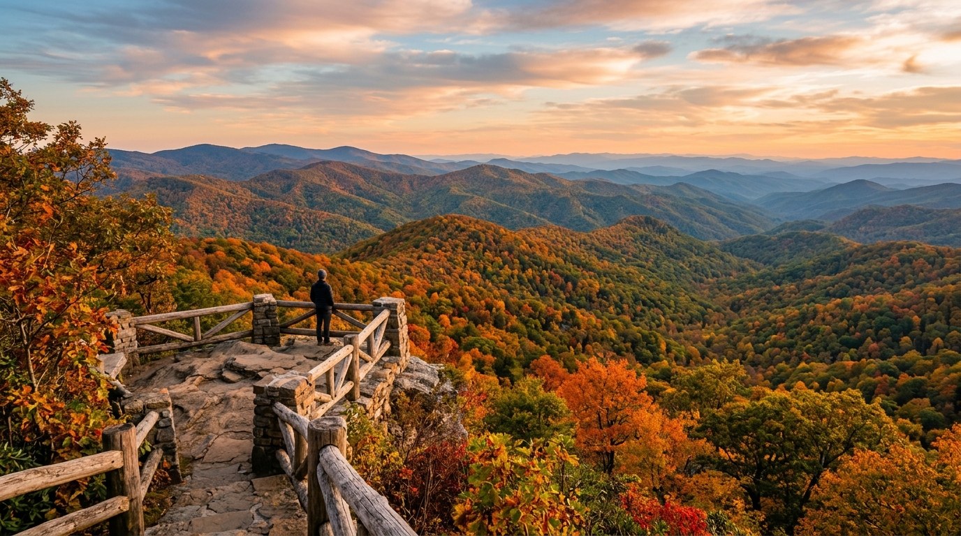 Layered Blue Ridge Mountain ridgelines seen from an overlook near Blowing Rock, North Carolina, in autumn.