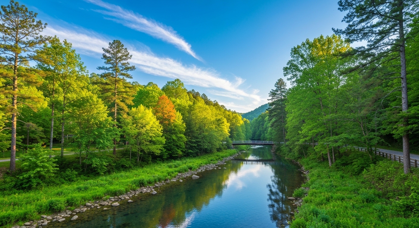 A rocky mountain creek running through hardwood forest on the edge of Great Smoky Mountains National Park.