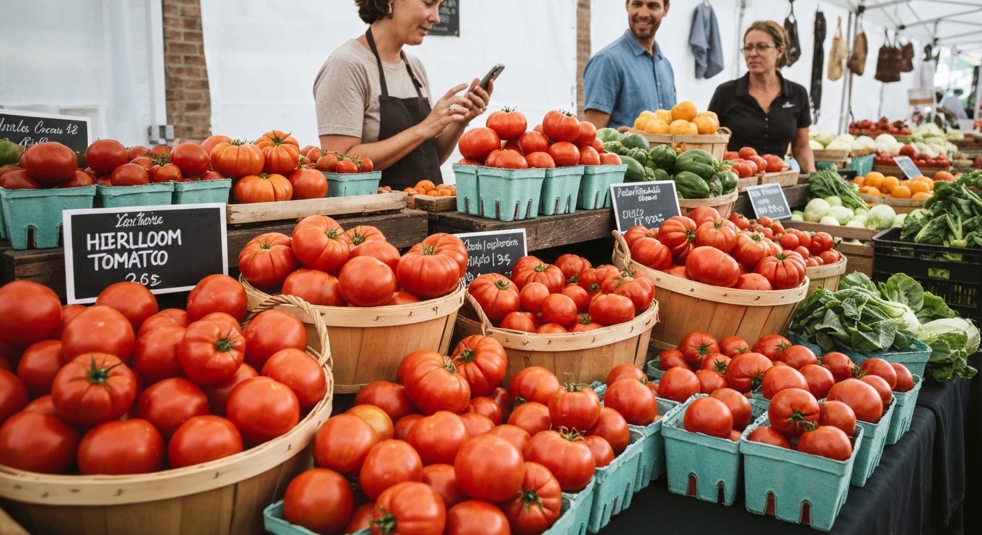 Baskets of ripe heirloom tomatoes on a farmers market table in downtown Murphy, North Carolina.