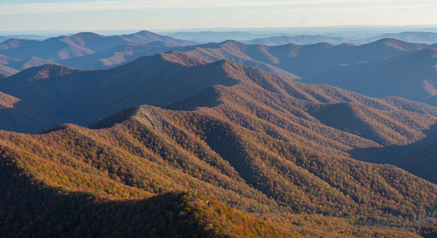 Layered Blue Ridge mountain ridges fading into morning haze above the Tuckasegee River valley near Dillsboro, North Carolina.