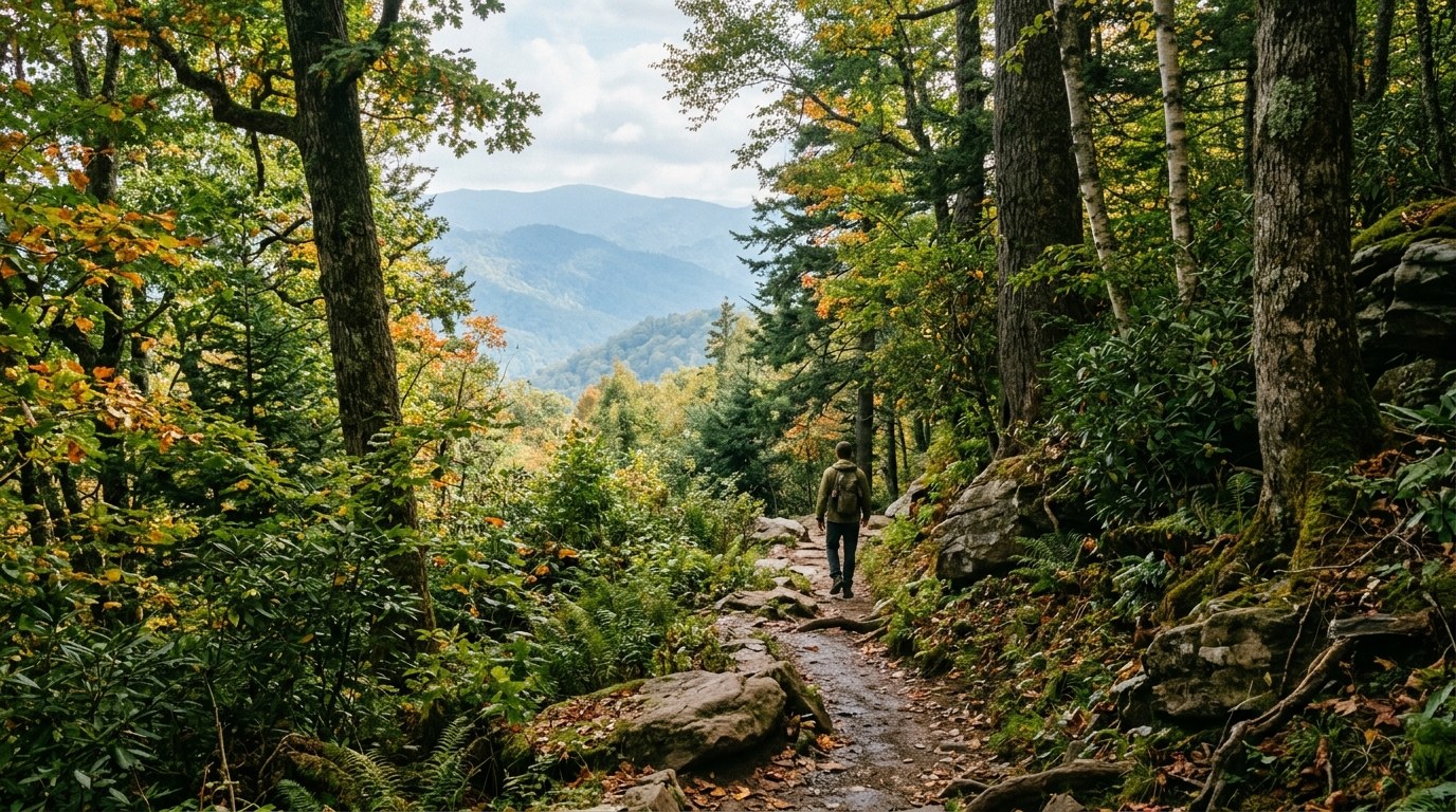 A wooded trail winding through the Great Smoky Mountains of Western North Carolina in summer light.
