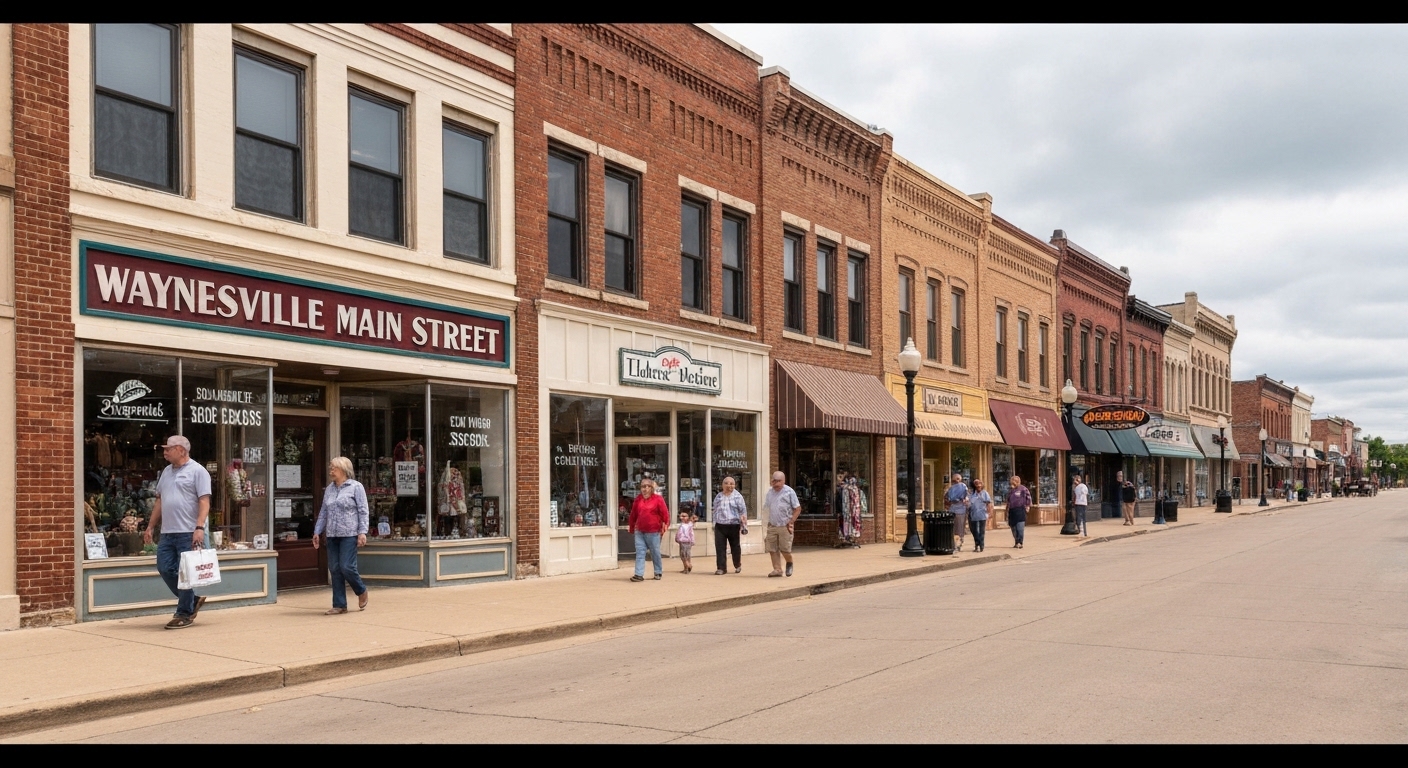 Historic brick storefronts and galleries lining Main Street in downtown Waynesville, North Carolina, on a clear afternoon.