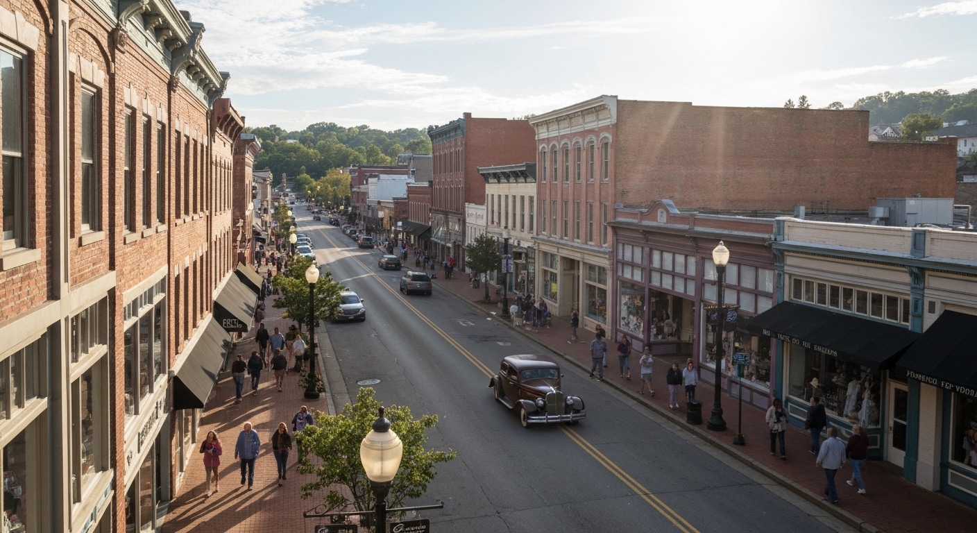 Historic storefronts and brick sidewalks along Main Street in downtown Waynesville, North Carolina on a clear day.