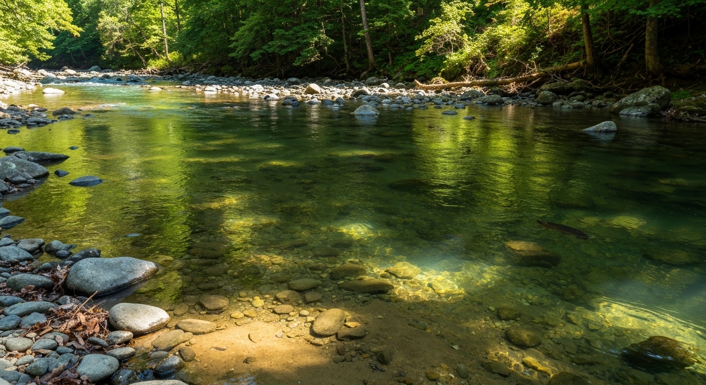 A clear mountain trout stream winding through forested hills near Cashiers on the Highlands-Cashiers plateau in Western North Carolina.
