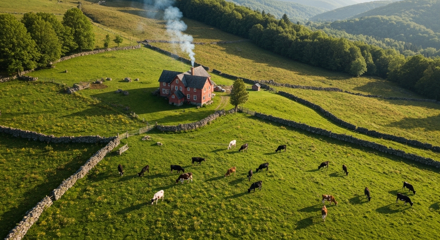 Rolling farm pasture with grazing cattle framed by Blue Ridge Mountains near Asheville in late summer light.