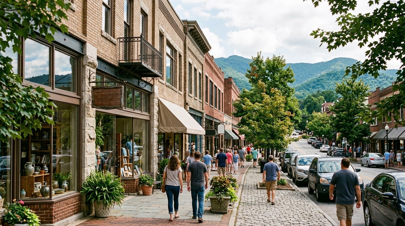 Brick storefronts and shaded sidewalks along a downtown Asheville street on a late summer afternoon.