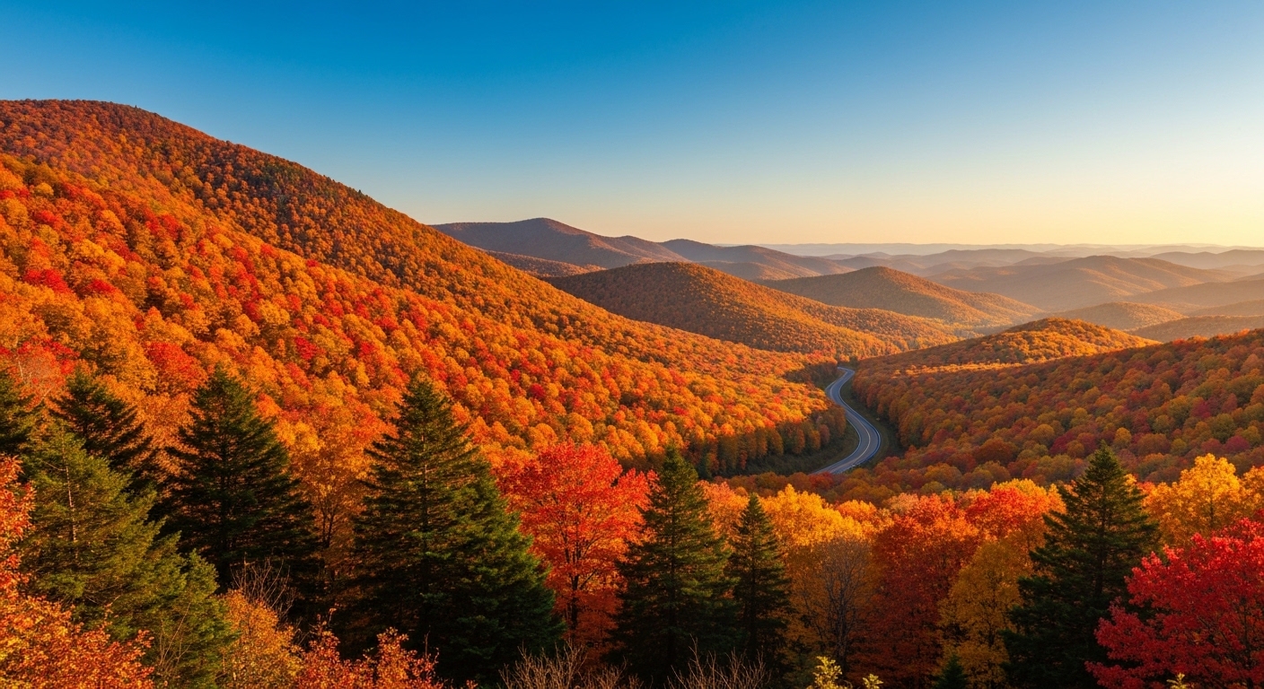 Layered Blue Ridge Mountains near Asheville glowing orange and gold from a Parkway overlook at sunrise.