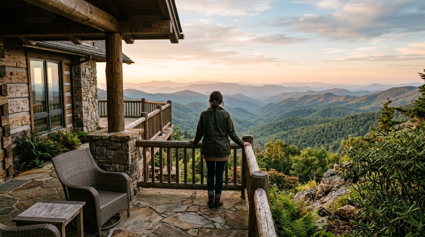 Layered blue ridgelines in Western North Carolina at sunrise.