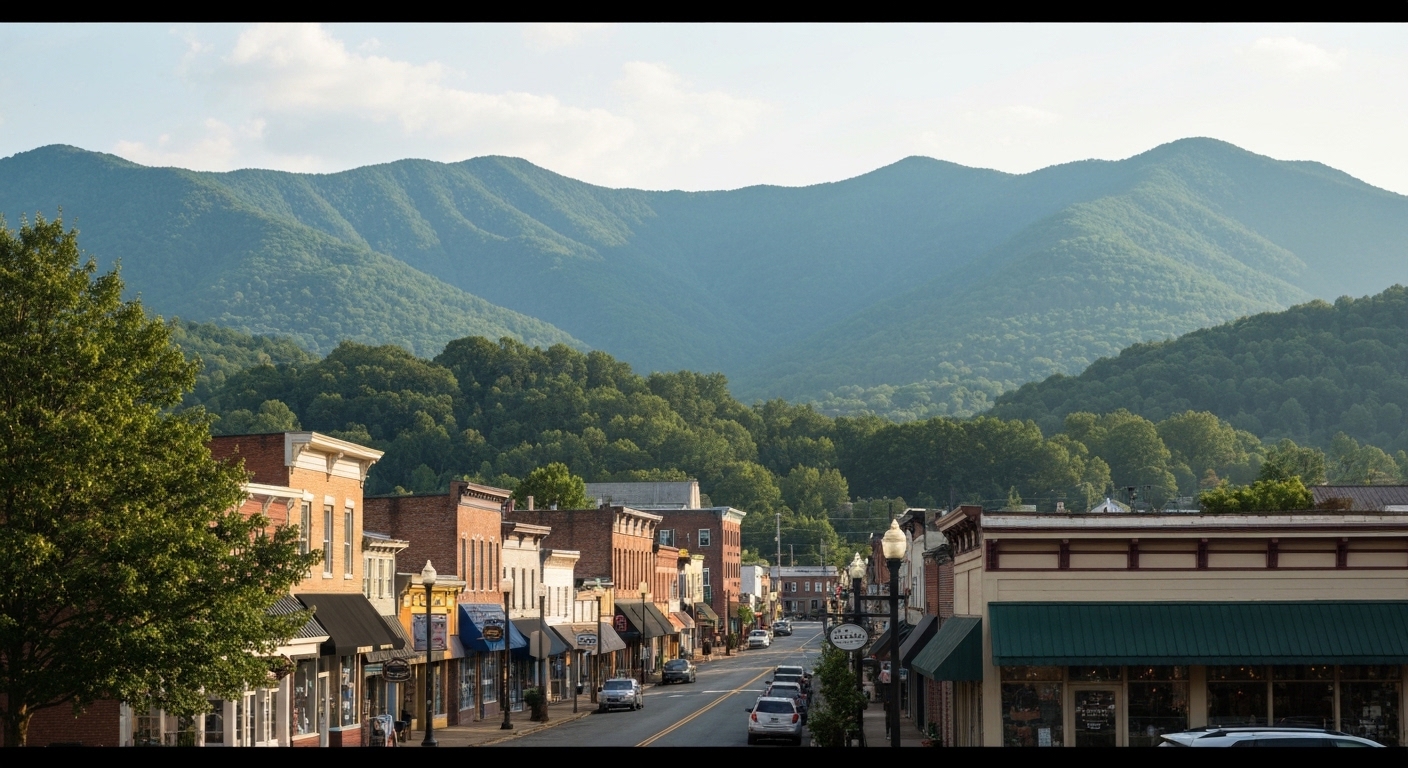 Historic curving Main Street in downtown Hendersonville, North Carolina, lined with brick storefronts and flower planters under summer skies.