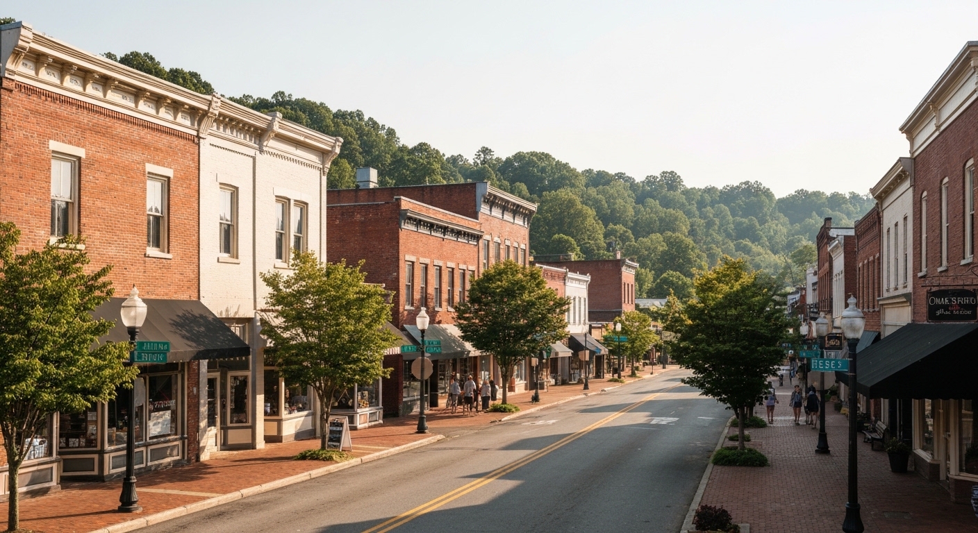Historic log cabin storefronts in downtown Dillsboro, North Carolina, home to the Dogwood Crafters cooperative for fifty years.