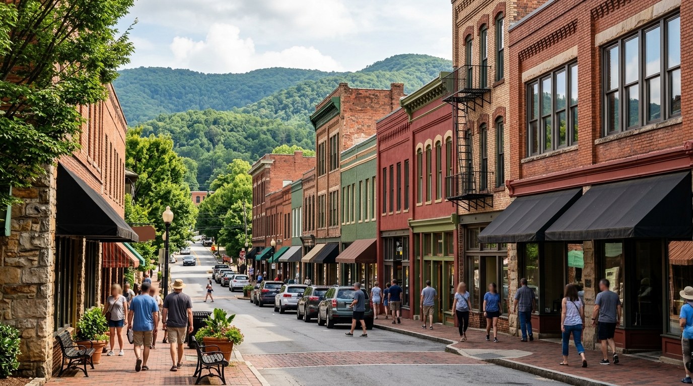 Diners walking past restaurant patios on a lively downtown Asheville street at dusk.