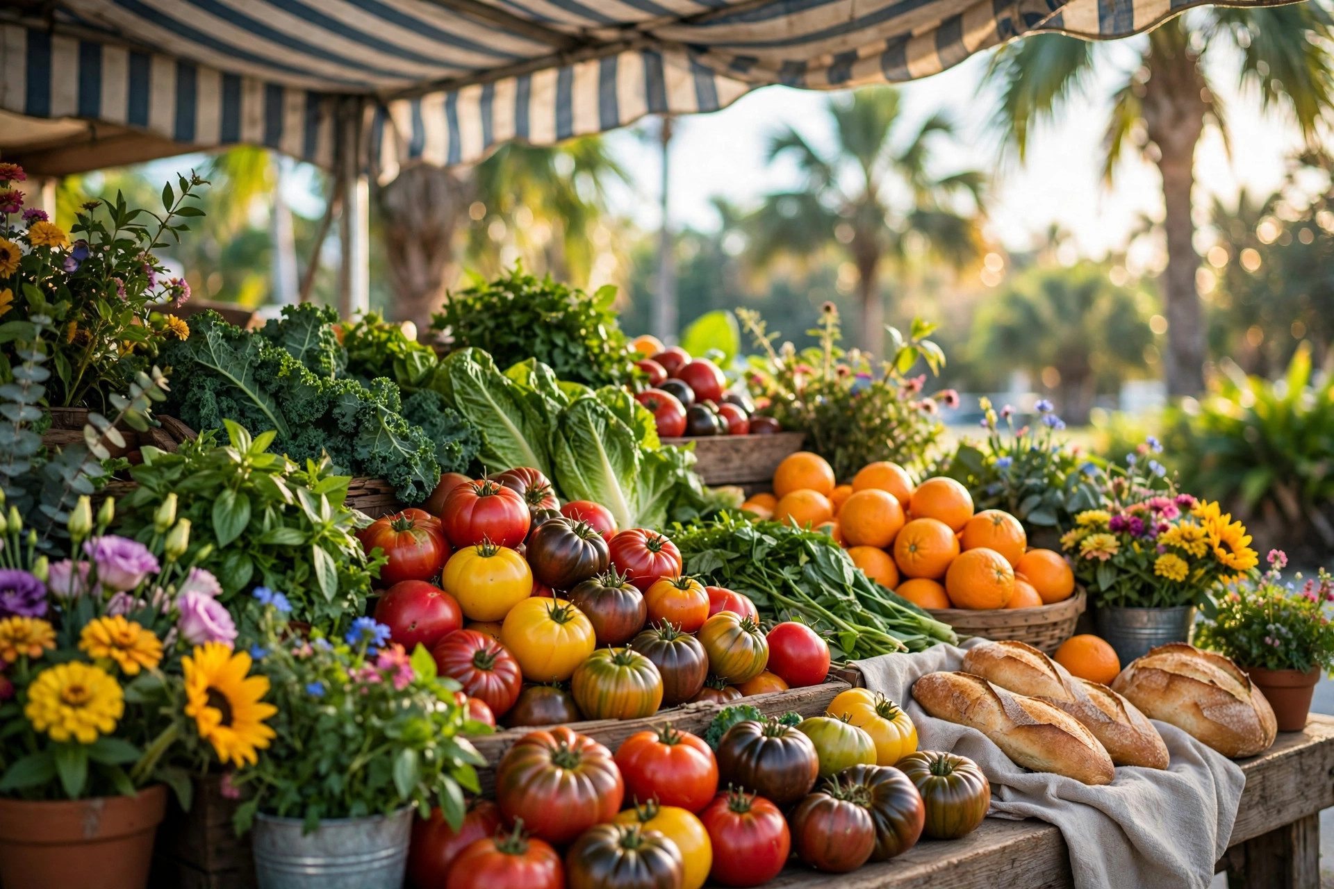 Farmers market stall with fresh produce, bread and flowers in Naples, Florida