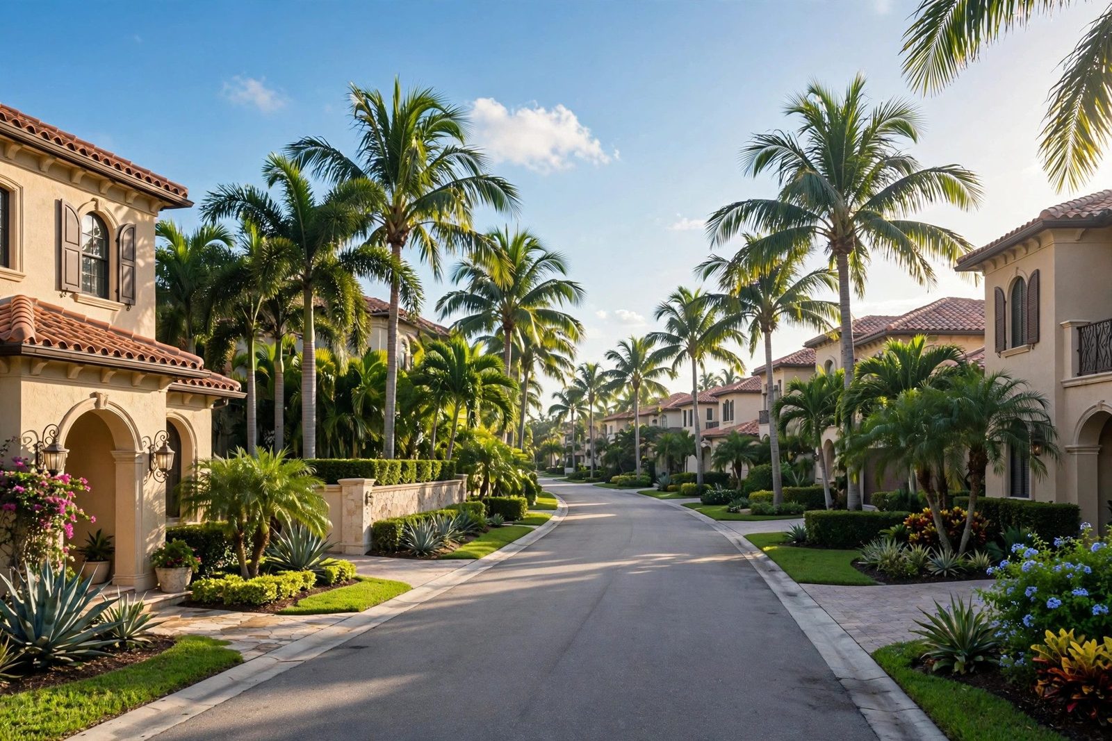 Palm-lined street with beautiful homes in Naples, Florida