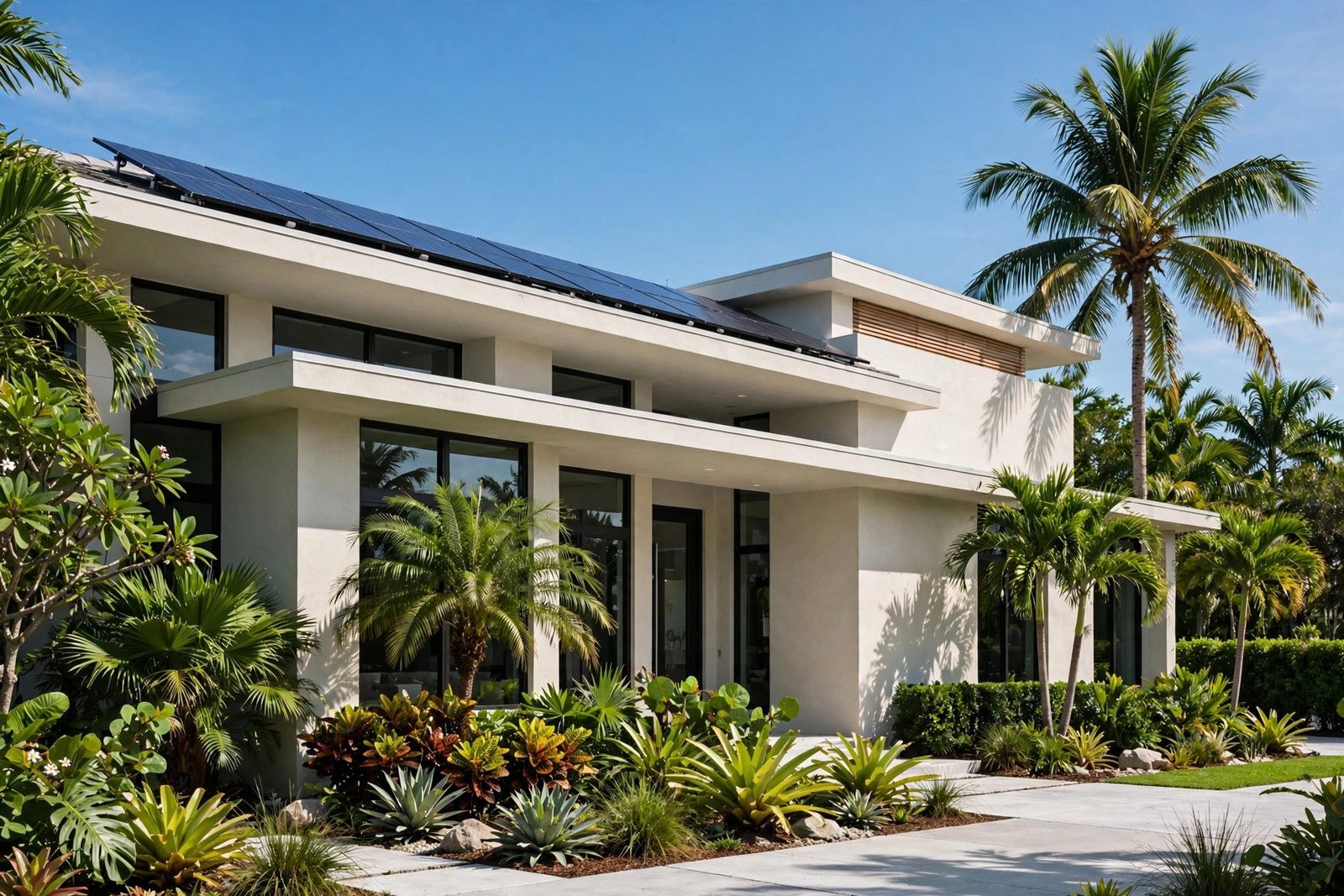 Modern energy-efficient Florida home with rooftop solar panels and palm trees