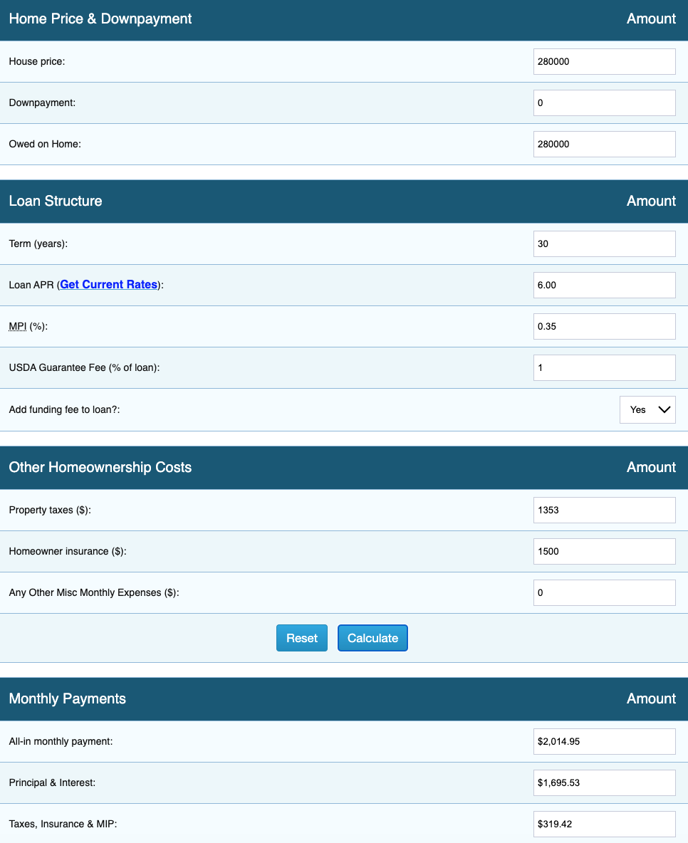 USDA Monthly Payment Mortgage Calculator