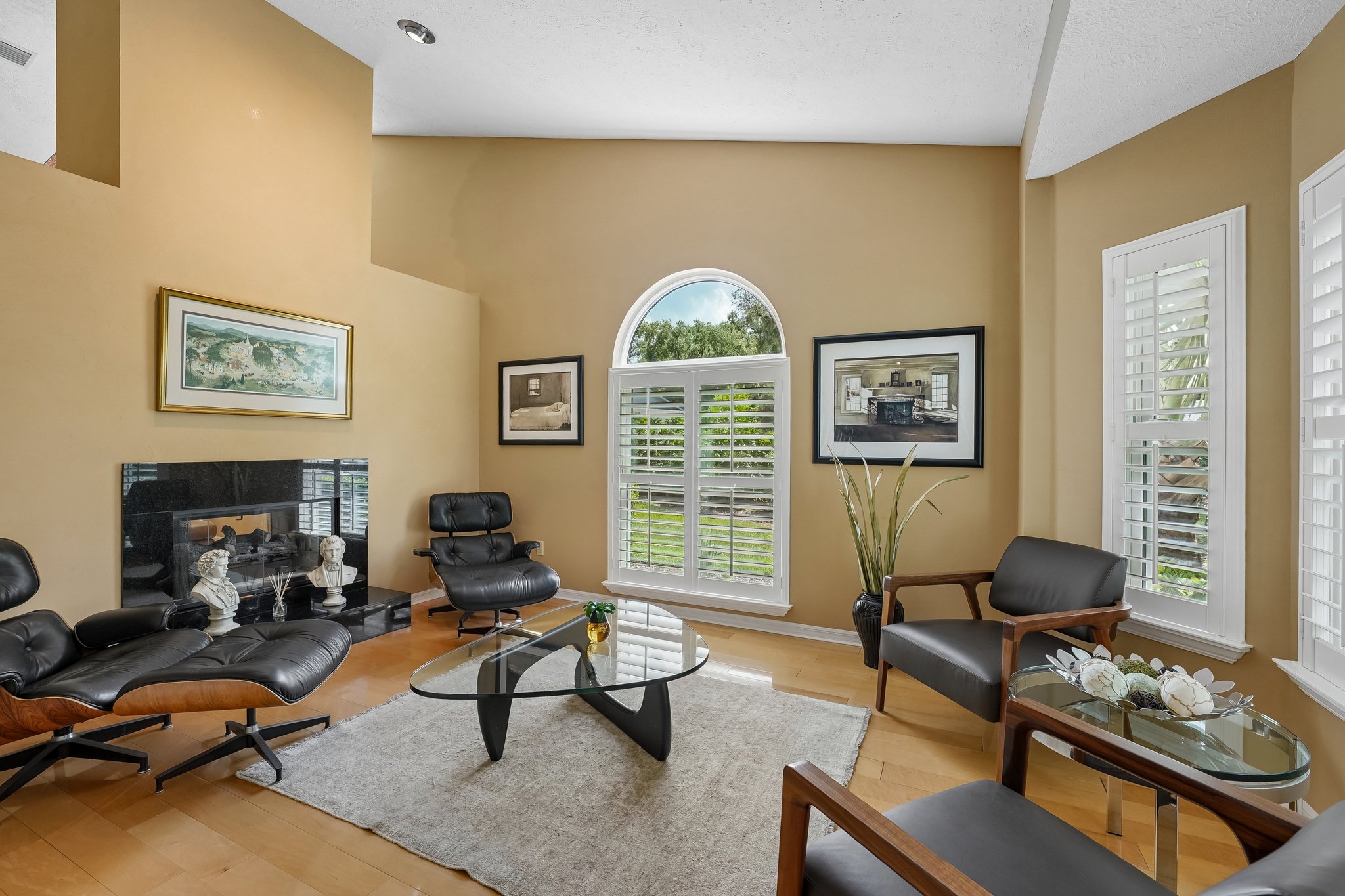 Living room with dual-sided fireplace