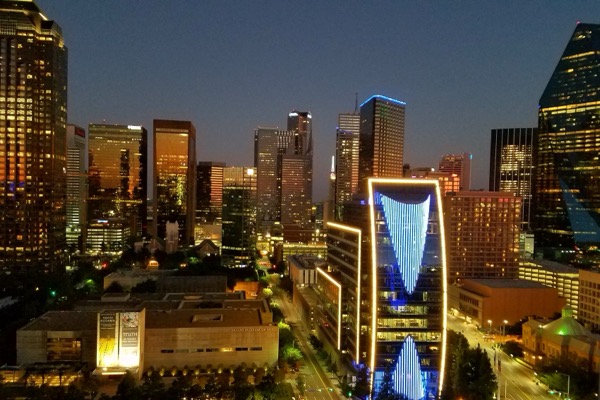 Dallas Arts District skyline at night with the Dallas Museum of Art
