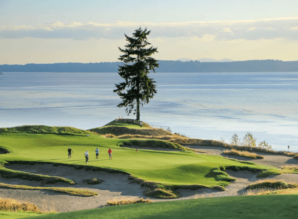 Chambers Bay Golf Course in University Place with Puget Sound and the Olympic Mountains behind