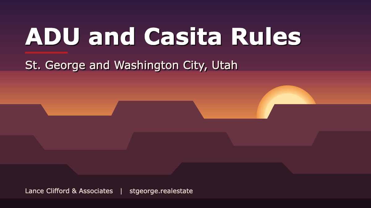 Flat-design Southern Utah red rock dusk scene with the words ADU and Casita Rules, St. George and Washington City, Utah