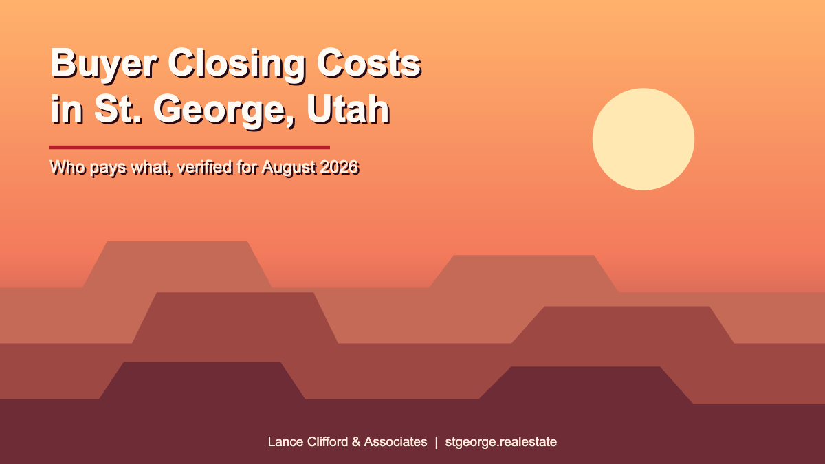 Flat design illustration of St. George Utah red rock mesas at dusk with the title Buyer Closing Costs in St. George, Utah