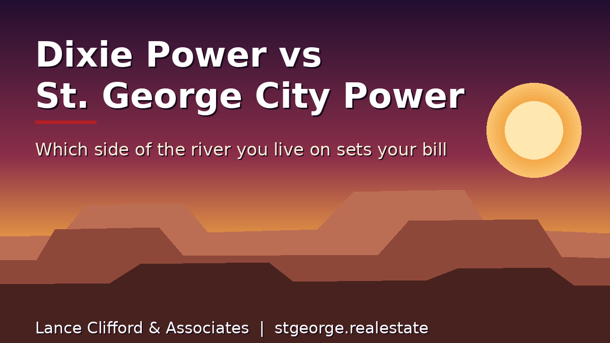 Flat illustration of red rock mesas at dusk with the title Dixie Power vs St. George City Power