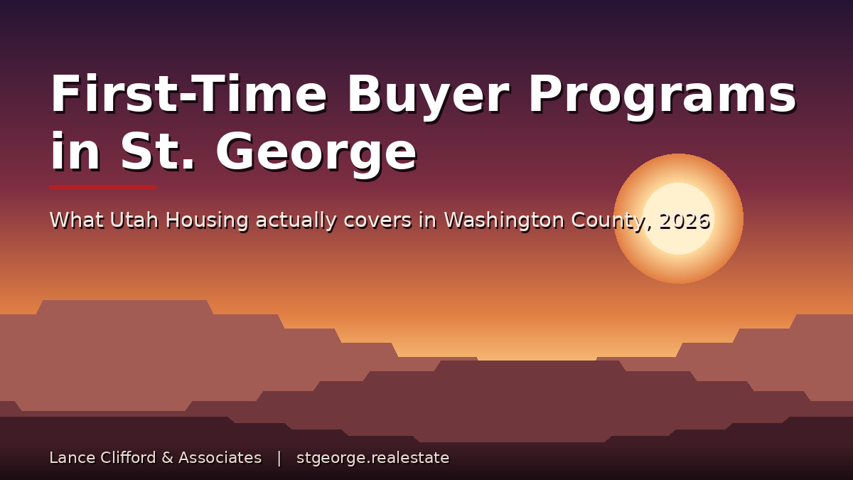Layered red rock mesas at dusk with the title First-Time Buyer Programs in St. George