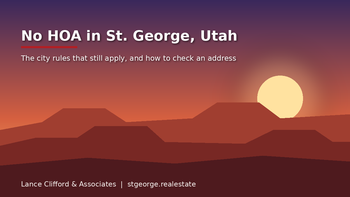 No HOA in St. George, Utah: the city rules that still apply, red rock dusk illustration