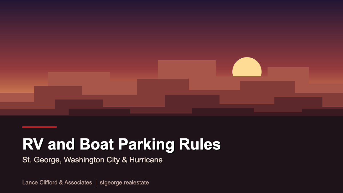 Layered red rock mesas at dusk with the title RV and Boat Parking Rules for St. George, Washington City and Hurricane, Utah
