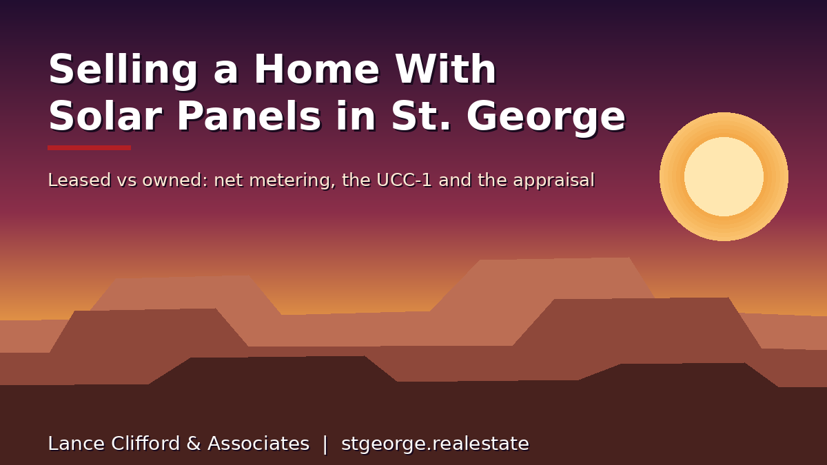 Flat illustration of red rock mesas at dusk with the title Selling a Home With Solar Panels in St. George